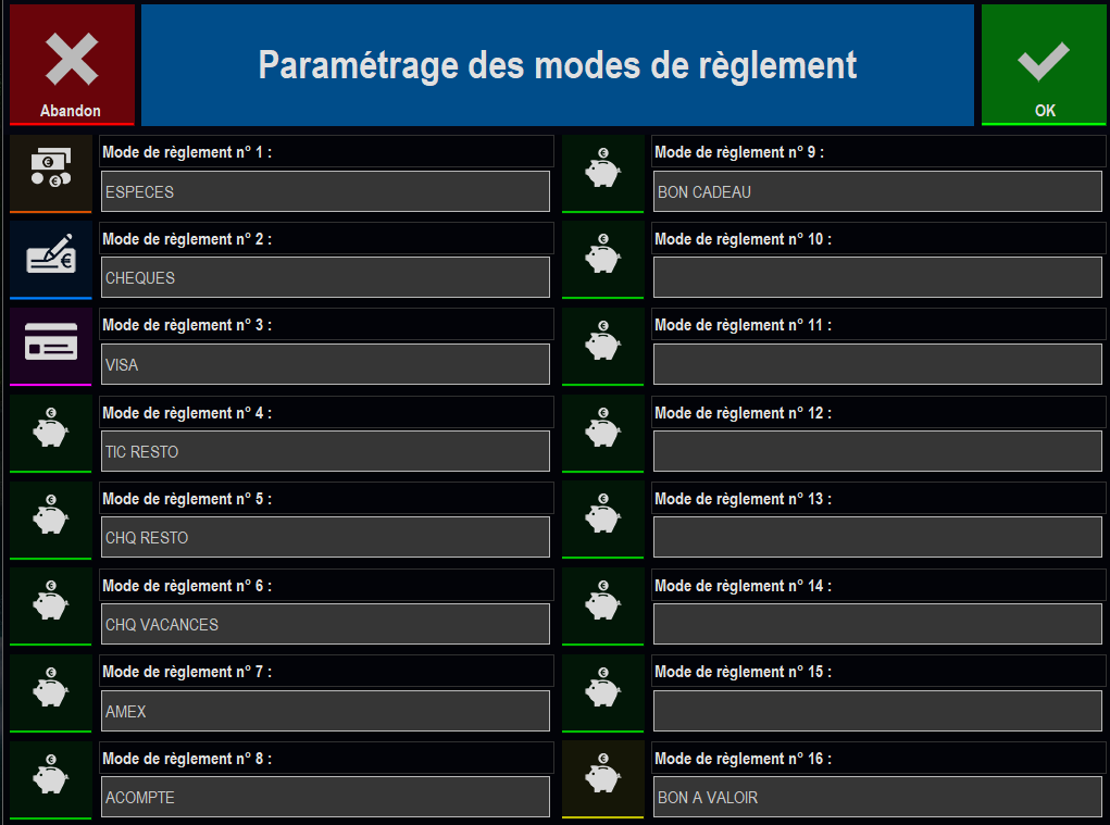 Paramétrage des modes de règlement