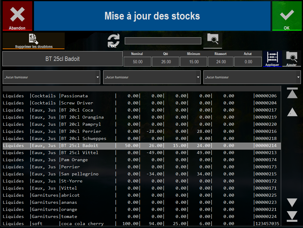 écran de la mise à jour des stocks