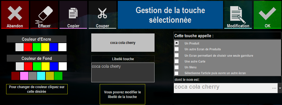 étape g : écran "Gestion de la touche séléctionnée"