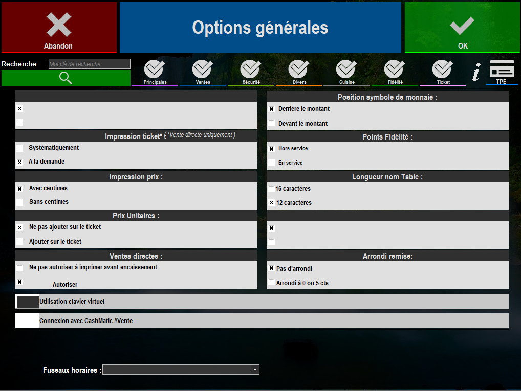 écran des options générales