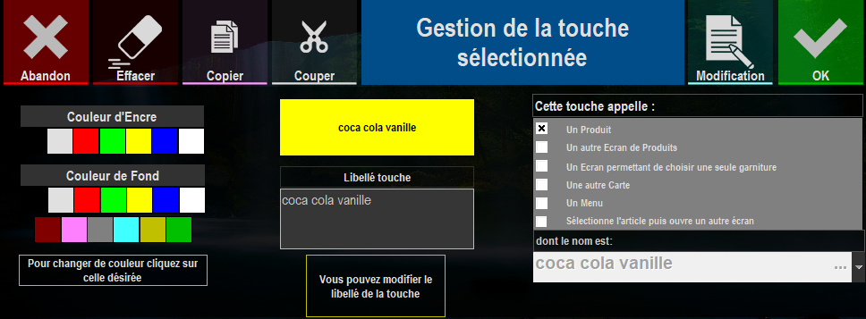 étape 4 : écran "Gestion de la touche séléctionnée"