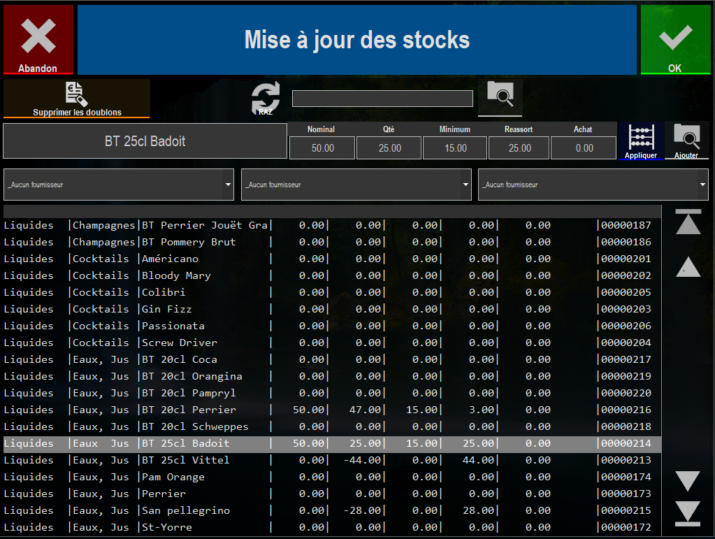 écran de la mise à jour des stocks