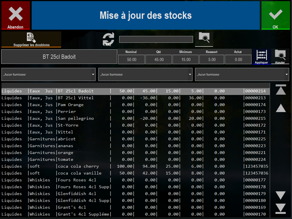 écran de la mise à jour des stocks